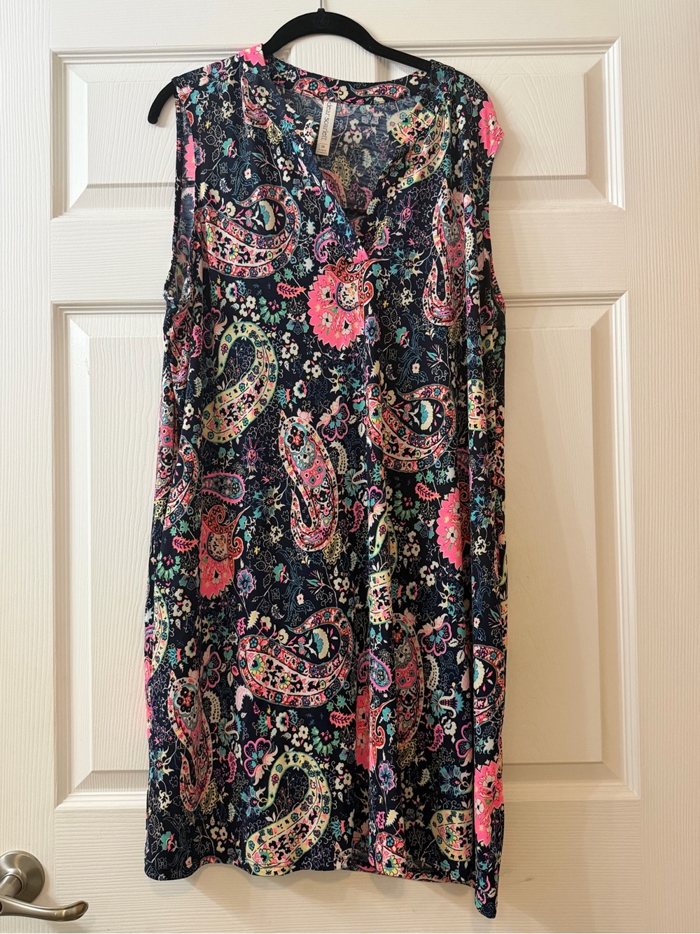 Sleeveless Midi Dress in Navy with Pink Paisley Print